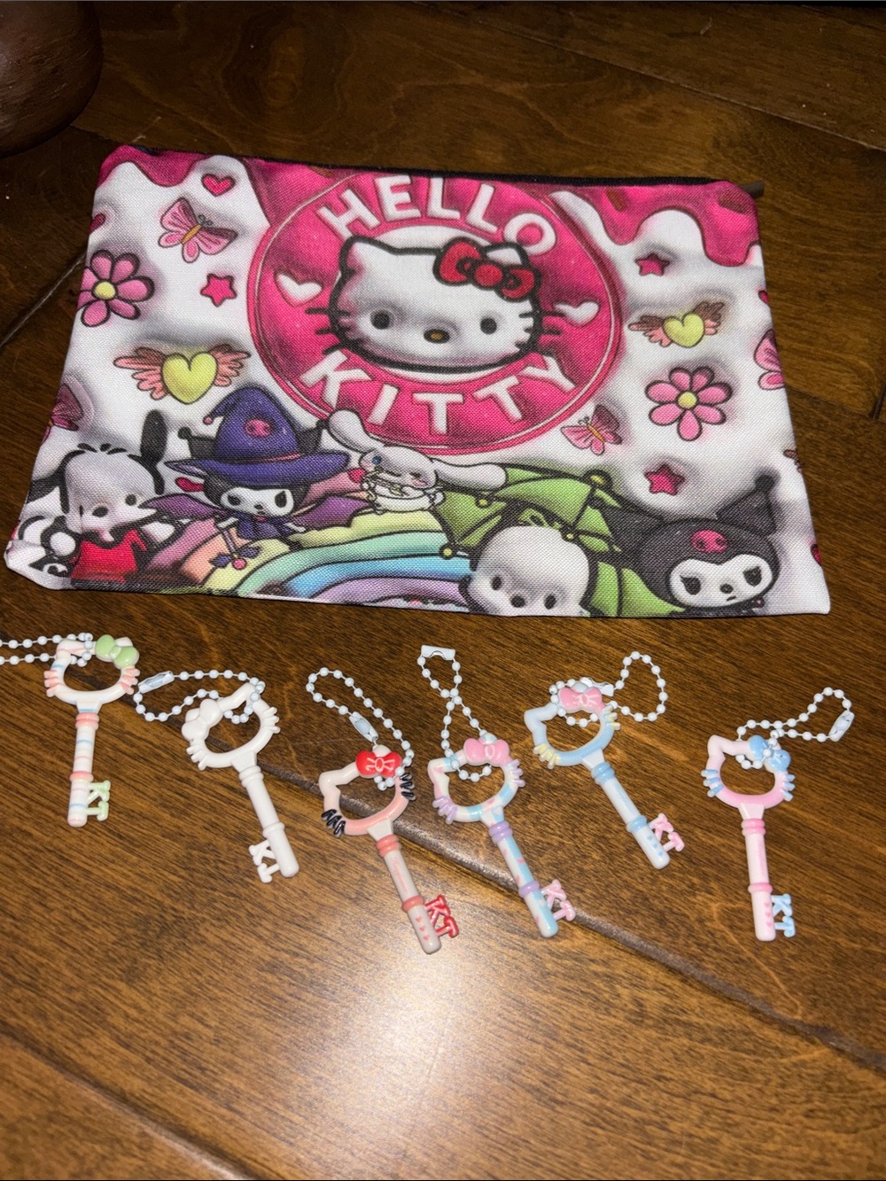 Hello Kitty Pink and White Character Pouch with 6 Pastel Key Bag Charms